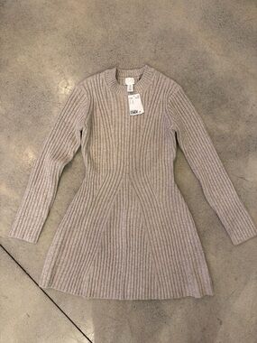 H&M Ribbed Long-Sleeve Knit Dress in Light Taupe
